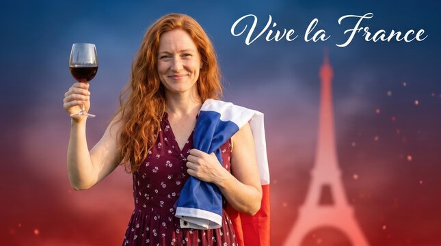 Redheaded woman holding a glass of red wine and a french flag with the eiffel tower silhouette in the background and the text vive la france written in white cursive script