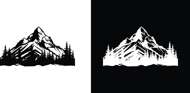 Mountain peaks with pine forest silhouette icon for outdoor adventure logo design.