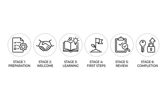 Six stages of creative process illustrated with light bulb evolution icons.