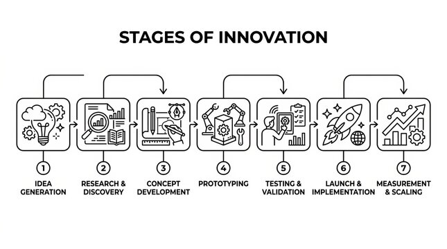 Illustrated Stages of Innovation Process from Idea to Market Launch.