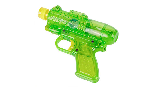 Bright green neon plastic water pistol squirt gun toy isolated on transparent background cut out