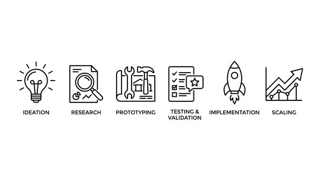 Vector icons representing stages of the creative and learning process in education.