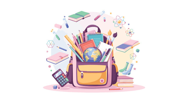 A colorful backpack overflowing with essential school supplies and books, ready for back to school adventures