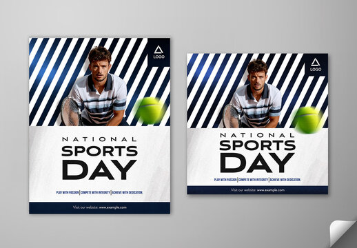 Editable National Sports Day Social Media Post Template Set with Male Tennis Player in Action Pose Photo.