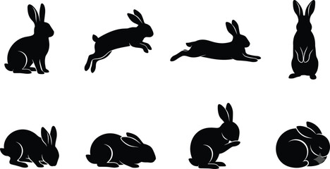 Obraz premium Black Silhouette Vector Collection of Rabbits in Various Natural Poses for Animal Design Projects