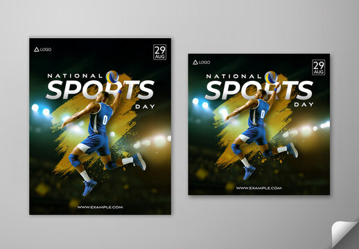 Editable National Sports Day Social Media Post Template Set with Male Volleyball Player in Action Pose Against Brush Stroke Effect Background.