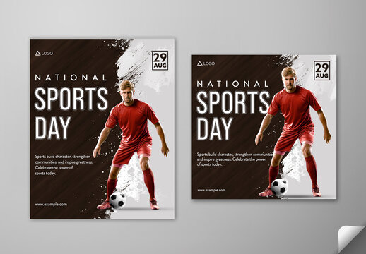 Editable National Sports Day Social Media Post Template Set with Male Football Player in Action Pose Photo.