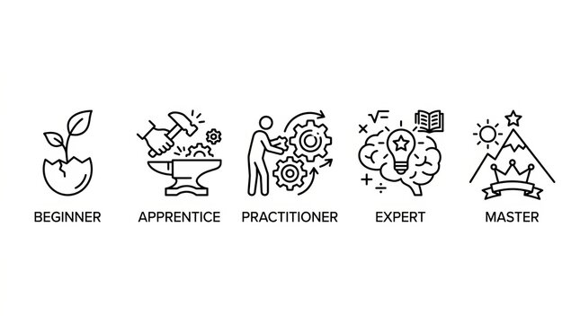 Progression of skill levels from beginner to master in learning stages.