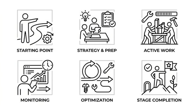 Illustrated Stages of Project Management and Workflow Optimization Process.