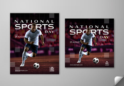 Editable National Sports Day Social Media Post Template Set with Male Football Player in Action Pose on Playground Photo.