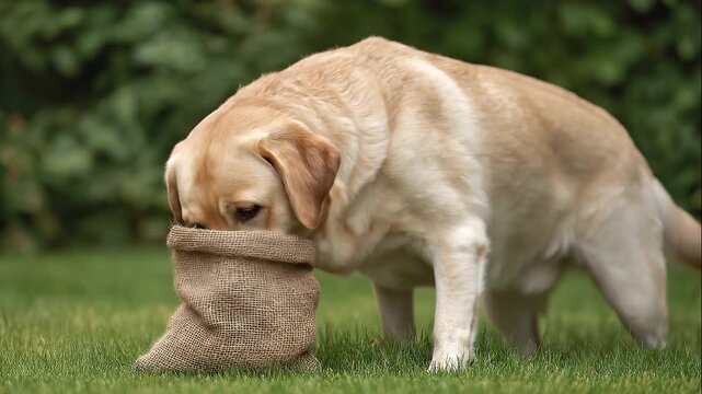 Curious light brown dog sniffing inside small burlap sack on green grass lawn with blurred natural background in outdoor environment