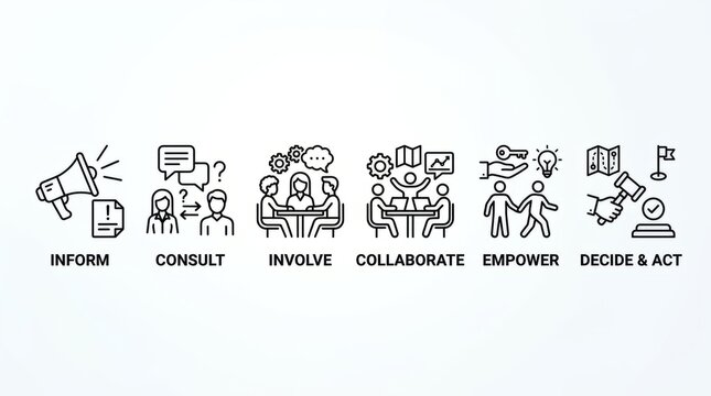 Hand drawn cartoon pigs illustrating stages of business process from inform to act.