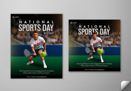 Editable National Sports Day Social Media Post Template Set with Male Tennis Player in Action Pose on Stadium Background Photo.