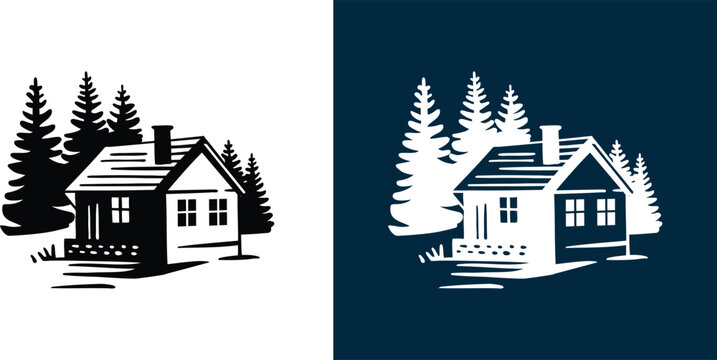 Rustic wooden cabin in pine forest silhouette icon for camping and travel design.