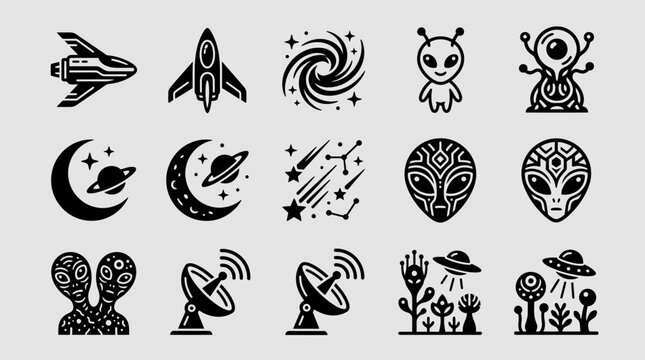 Space Icons: Aliens, Rockets, Planets, Stars, Galaxies, Moon, Satellites