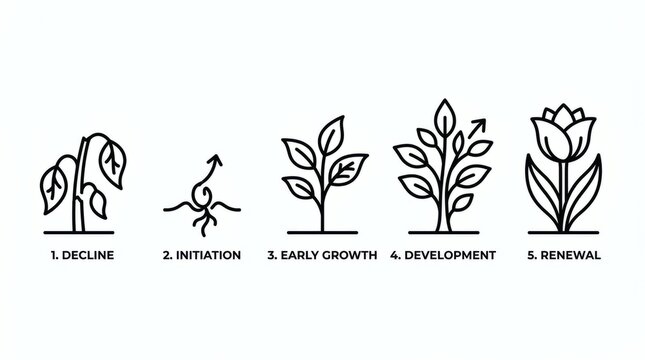 Illustration of seed growth stages from germination to blooming flower.