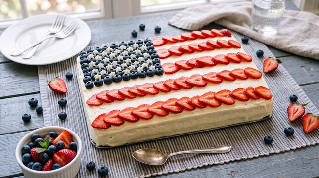 Patriotic sheet cake topped with fresh blueberries and sliced strawberries arranged in a festive flag motif on a rustic gray wooden table with silver cutlery with celebration