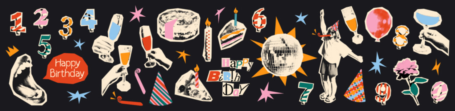 Happy birthday halftone collage elements collection. Fun vintage dotted stickers with doodles. Party hat, cake, celebratory toast, champagne, numbers, candles. Modern retro vector cut outs isolated