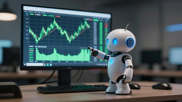 A cute white robot points at a monitor displaying financial charts in a modern office setting.