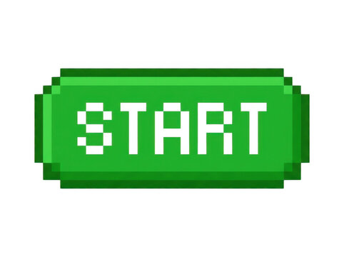Pixelated green START button with white text on a clean surface during a digital game interface concept Isolated on transparent background