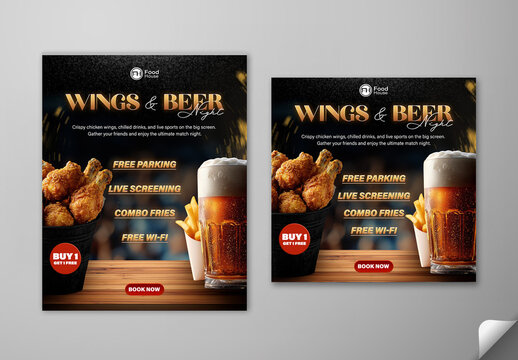 Editable Sports Match Day Restaurant Promotion Social Media Post Template Set for Wings and Beer Night.