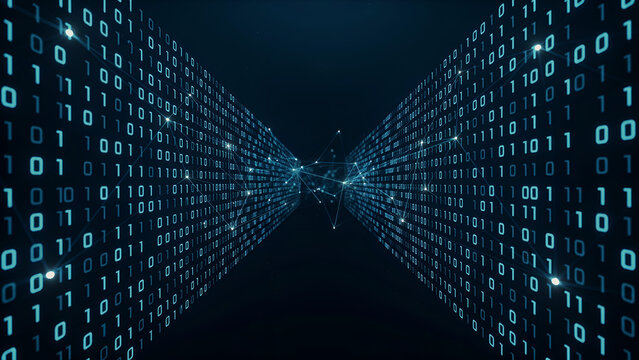Abstract digital background, with two converging, walls of glowing, blue binary code, numbers and a, central network of, connected nodes and lines