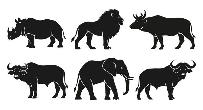 Wild African Animals Silhouettes Set: Rhino, Lion, Elephant, Buffalo Icons