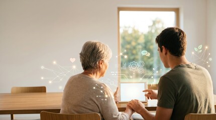 Obraz premium Young man teaching elderly woman how to use tablet computer, digital literacy for seniors, intergenerational connection, family support, technology assistance, home care concept.