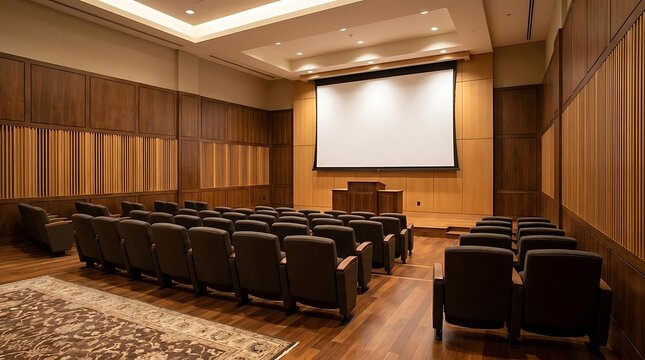 Empty auditorium hall with projection screen and seating arrangement