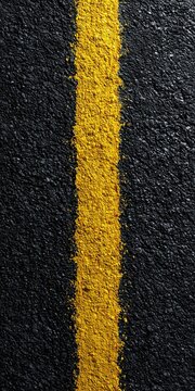 Top view of a black asphalt road surface with a solid yellow dividing line. Flat lay texture of dark tar and gravel with road markings for transportation background.