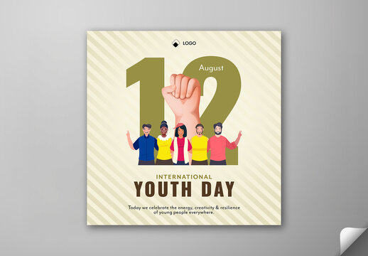 Editable International Youth Day Social Media Post Template with 12 August, Raised Fist Symbol and Diverse Youth Unity Illustration on Striped Background.