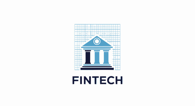 Fintech logo design featuring a classic bank building icon with binary code grid background on white.