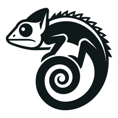 Black and white chameleon illustration with curled tail and spiky back icon © designers