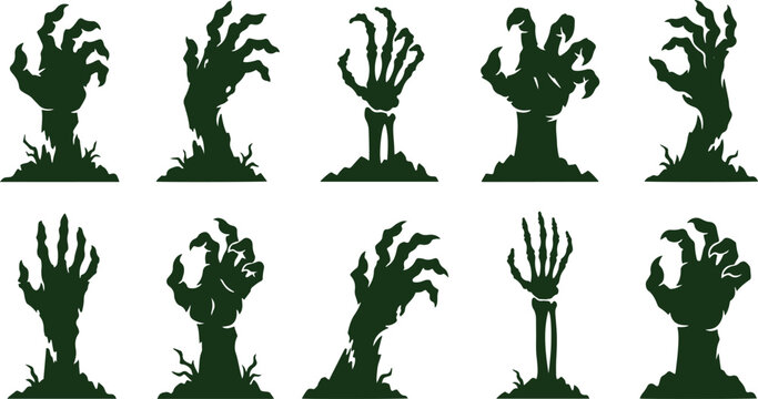 Set of zombie hands rising from the ground, spooky monster arms reaching out from graves for halloween
