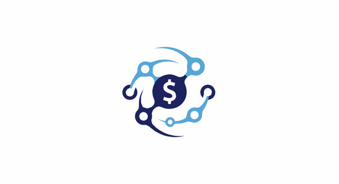 Fintech logo design with dollar sign and digital network connections representing online banking and global transactions.