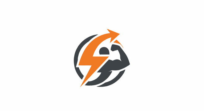 Fitness and energy logo design featuring a flexing muscle silhouette with an orange lightning bolt arrow.