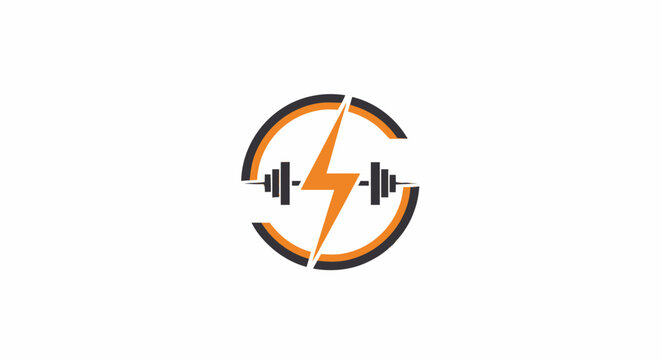 Fitness gym logo design with lightning bolt and barbell symbol representing energy and strength.