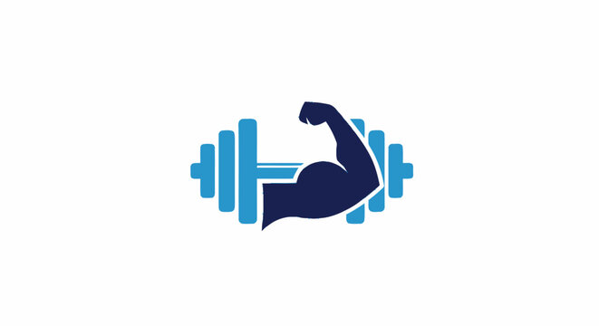Fitness gym logo icon featuring a strong flexing bicep arm and a barbell.