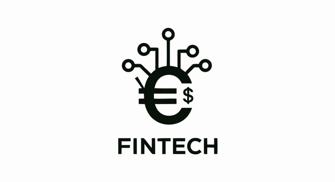 Fintech logo icon with euro symbol and digital circuit connections representing financial technology.