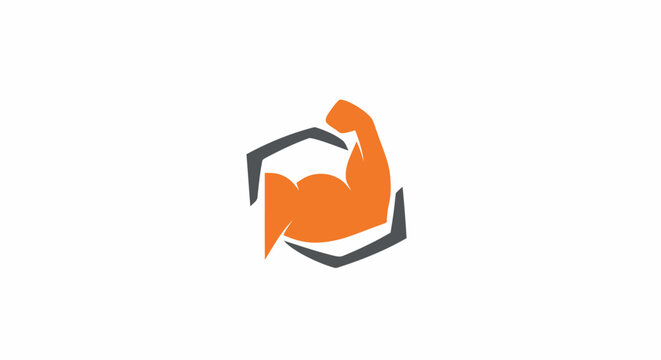 Fitness gym logo icon featuring a strong flexing orange bicep arm inside a geometric frame.
