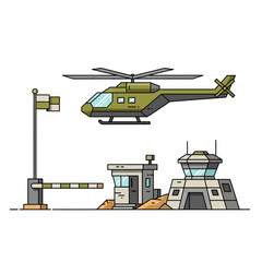 Fototapeta premium Military Helicopter and Airport Control Tower with Barrier