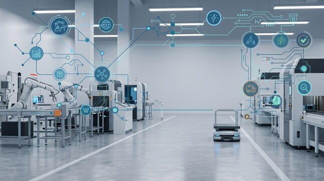 Smart factory with automated robotic arms and autonomous mobile robot, industry 4.0 manufacturing technology and digital transformation concept