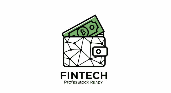 Fintech digital wallet logo icon with blockchain network pattern and cryptocurrency bitcoin bills.