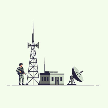 Military outpost with soldier, communication tower, and satellite dish