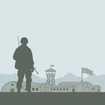 Military Outpost Silhouette: Soldier, Barracks, Watchtower, Flag