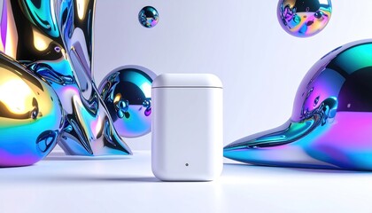 Fototapeta premium A white rectangular charging case stands before iridescent, amorphous shapes and floating spheres