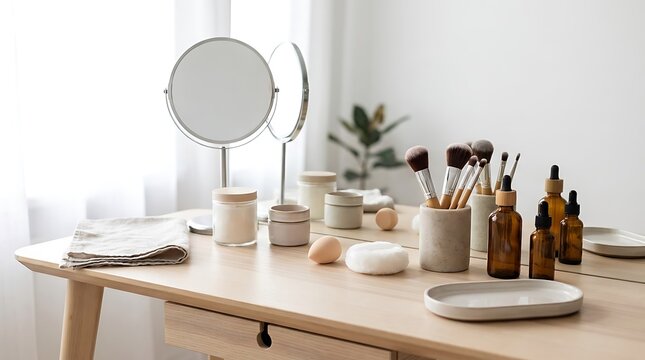 Cosmetic brushes and skincare bottles on a bright wooden makeup vanity table with mirror. beginner makeup guide