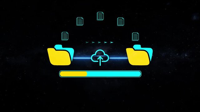 Data transfer and cloud sync animation with progress bar