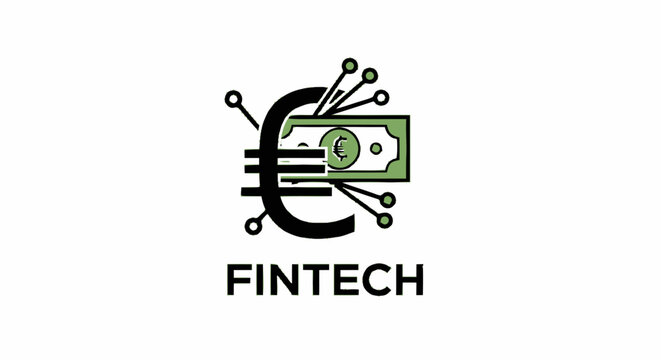 Fintech logo design featuring a euro symbol integrated with digital circuit lines and a green banknote.