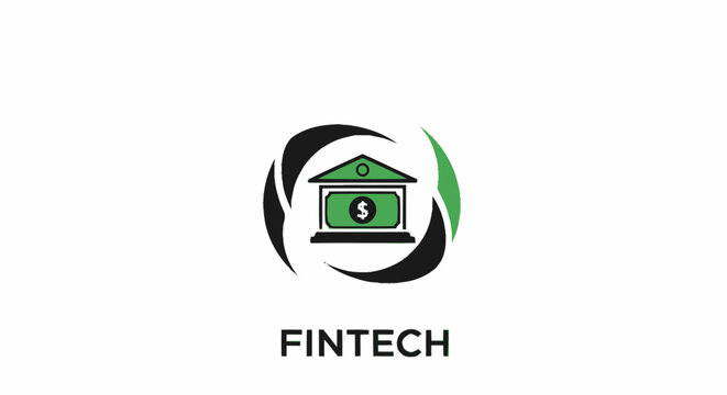 Fintech logo design featuring a green bank icon with dollar sign and circular swooshes on white background.